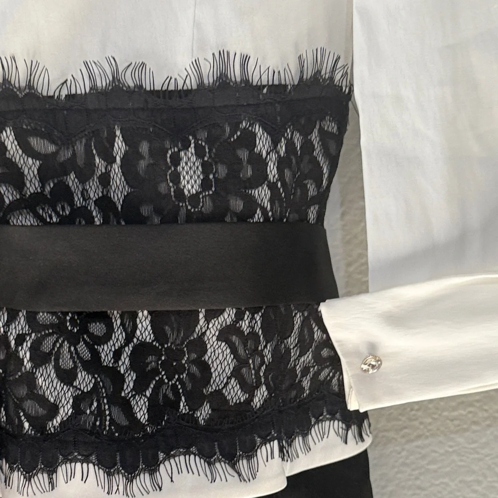 Elegant Chic Black and White Lace Maxi Dress belted wide shoulder sz 12 formal